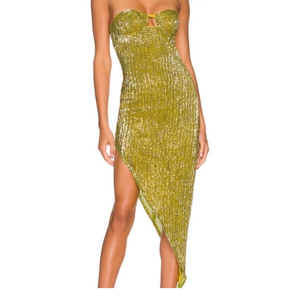 Strapless Metallic Green Sequin Asymmetrical Dress - image 1